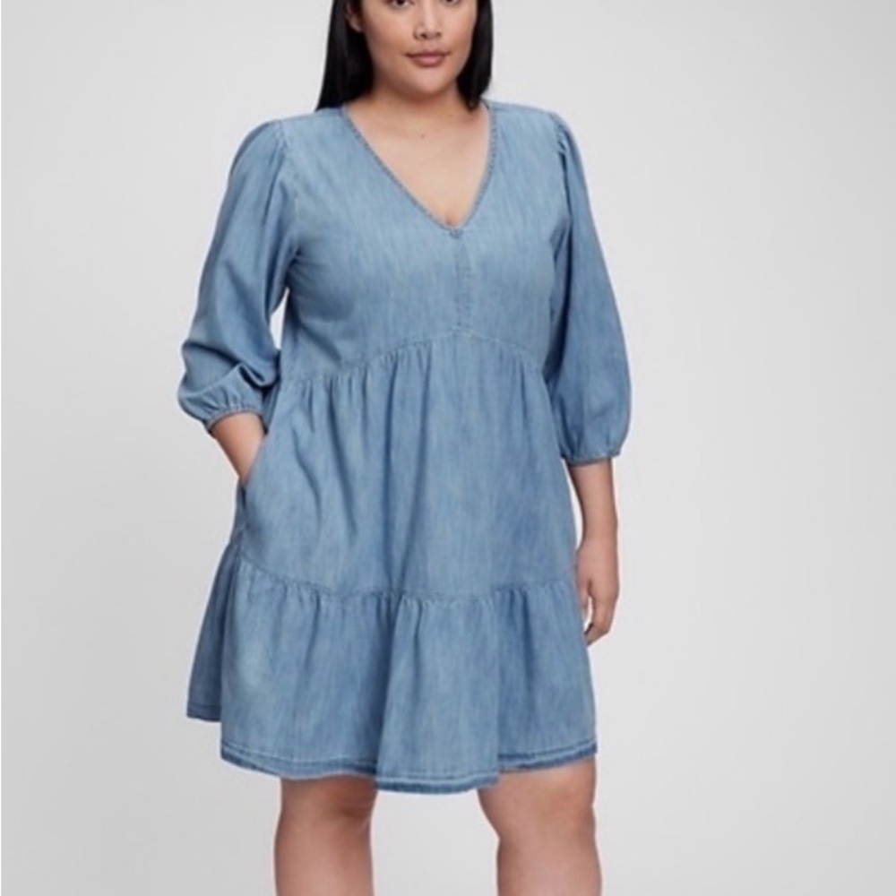 100% organic cotton V-Neck Chambray Tiered Women's Top Dress - Blue